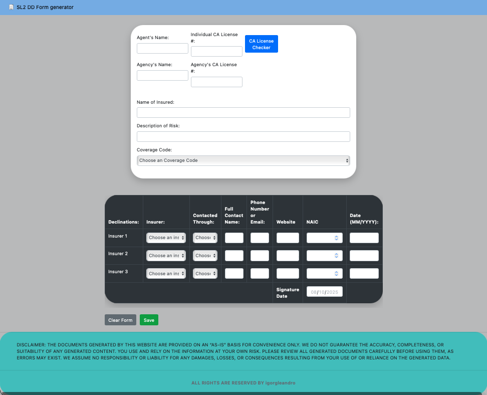 SL2 Form Generator interface screenshot